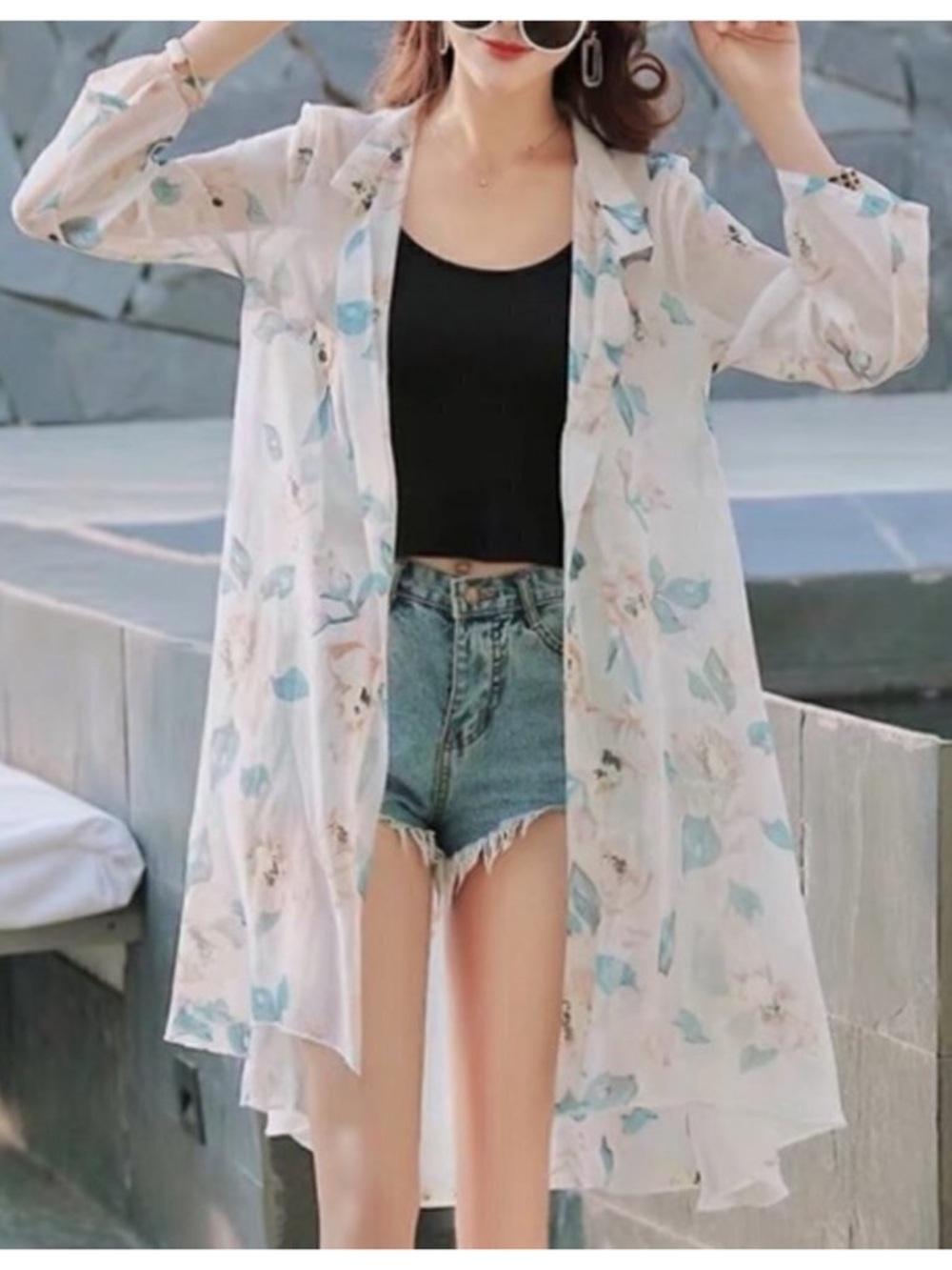 NEW Boho Beachy Slouchy blue white floral open front sheer long cardigan duster